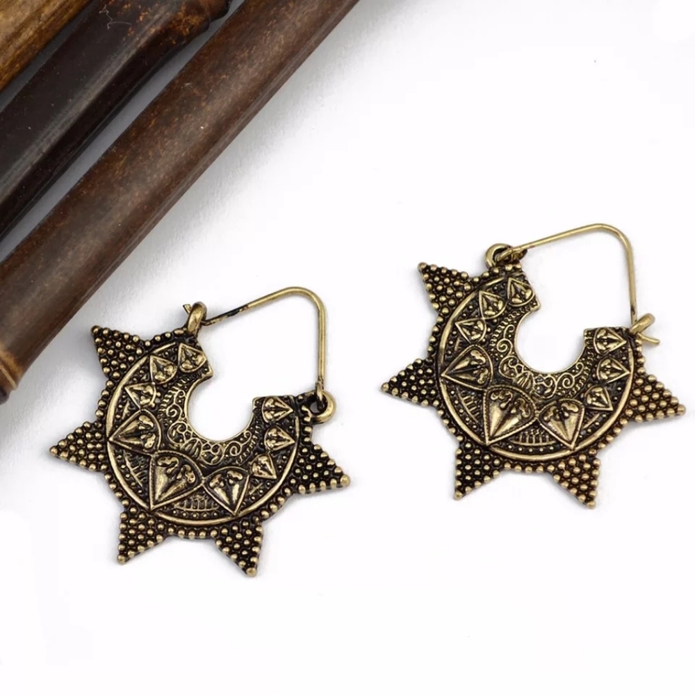 Boho Tribal Tibetan Spike Pendant Hoop Earrings